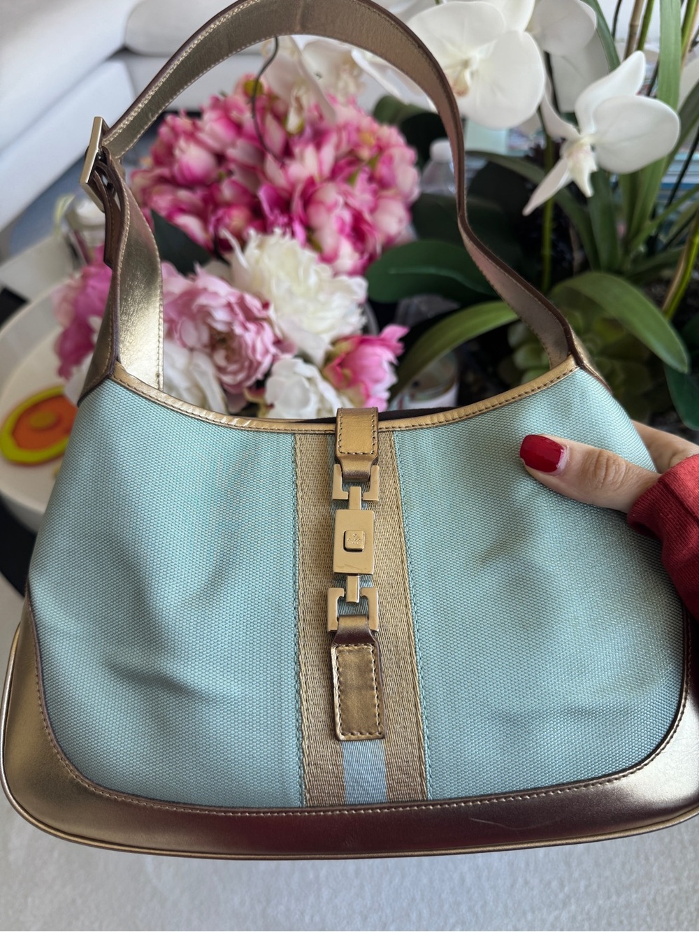 RARE vintage gucci small jackie, blue and gold hobo